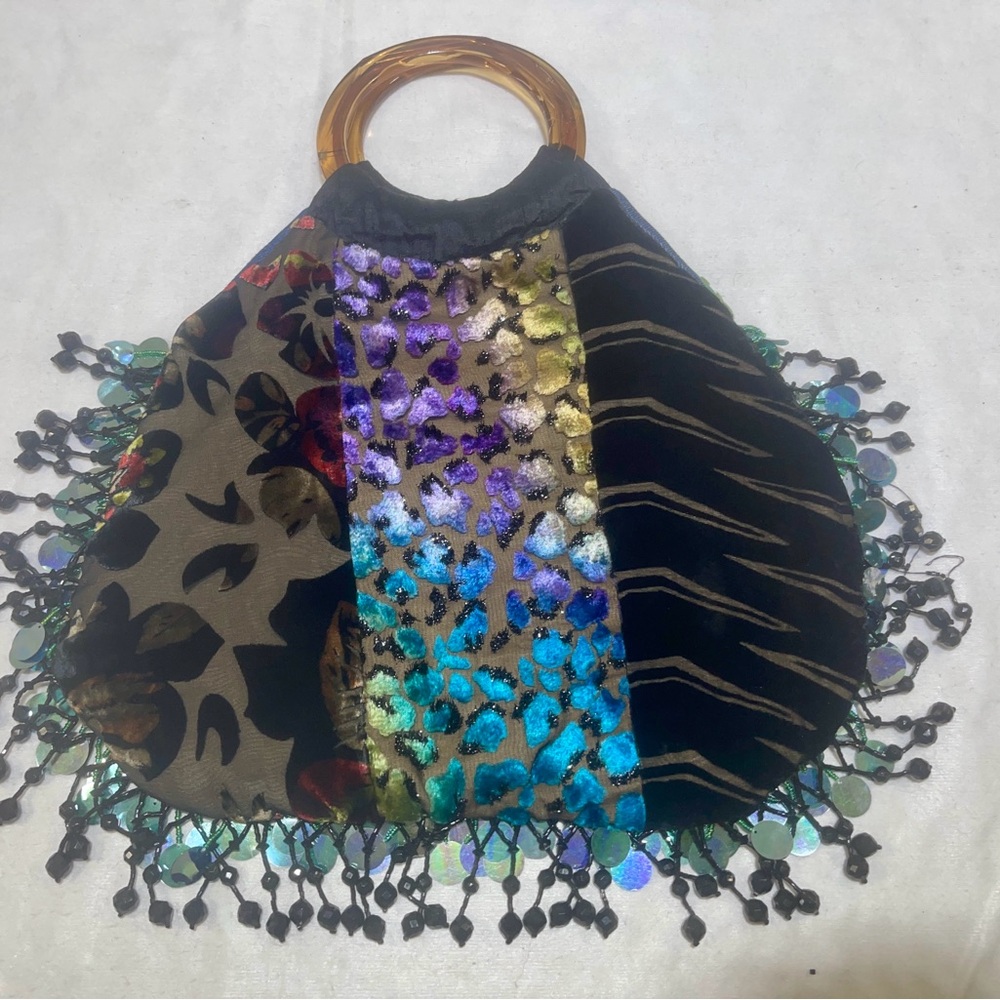 Sachi New York Multicolor Patchwork Handbag with Clear Plastic Handles